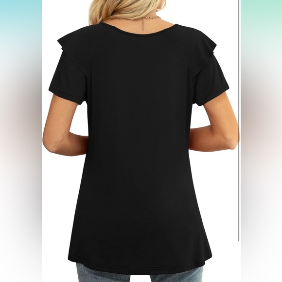 Shirt Womens XL Black Top Blouse Summer Casual Office Ruffle Short Sleeves OC5 - Picture 7 of 8